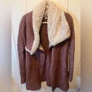 Anthropologie Cozy Sherpa-Trim Knit Cardigan in Dusty Rose and Cream
